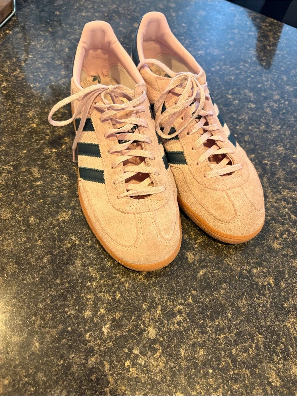 adidas Women’s Pink Suede Sneakers with Dark Green Stripes